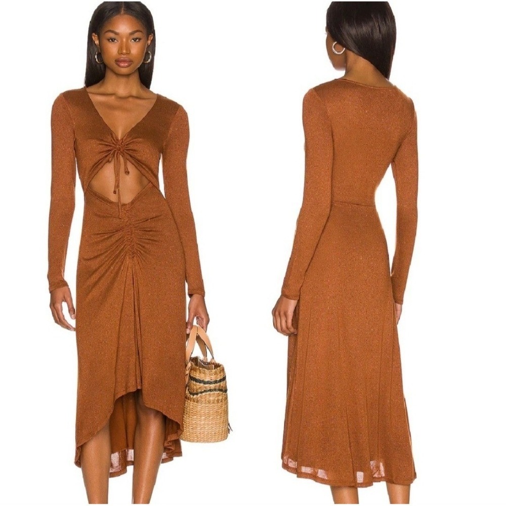 L*Space Lily Dress Sz M Shimmery Bronze Brown Cutout Hi-Low Ruched Beachy Resort